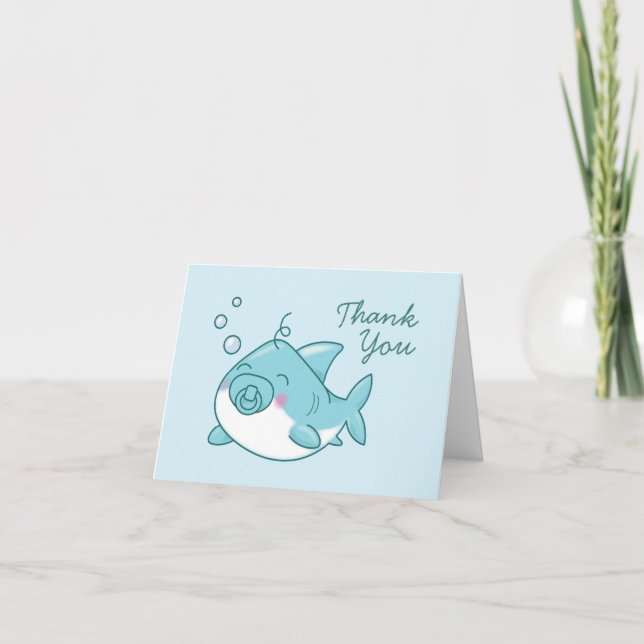 Niedlich Shark Baby Shower Kawaii Blue Boy Vielen  Dankeskarte (Vorderseite)