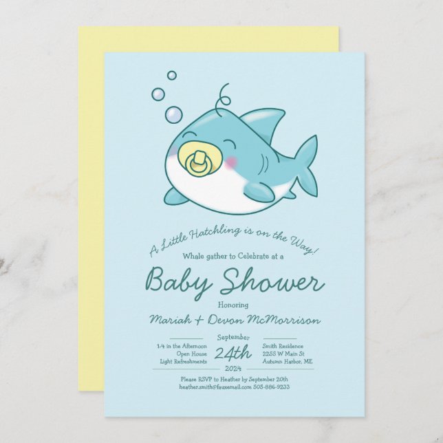 Niedlich Shark Baby Shower Kawaii Einladung (Vorne/Hinten)