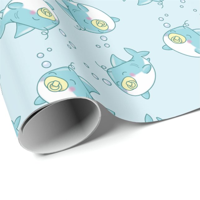 Niedlich Shark Baby Shower Kawaii Geschenkpapier (Rolleneckpunkt)