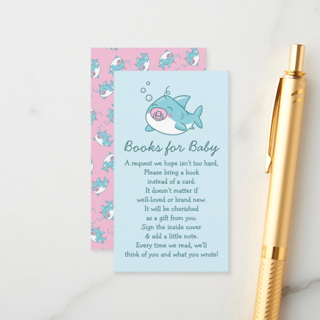 Niedlich Shark Baby Shower Kawaii Pink Girl Books Begleitkarte (Vorderseite/Rückseite Beispiel)
