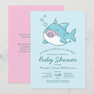 Niedlich Shark Baby Shower Kawaii Pink Girl Einladung