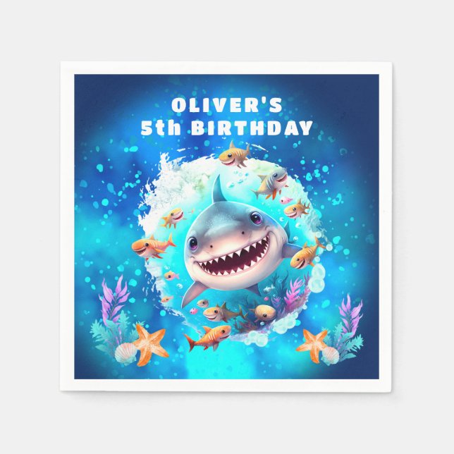Niedlich Shark Boy Birthday Blue Party Paper Napki Serviette (Vorderseite)