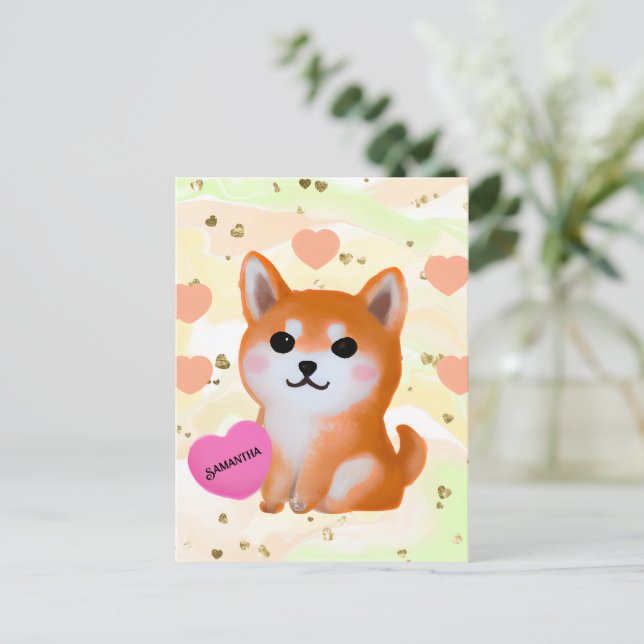 Niedlich Shiba Inu Hearts | Für Hunde Postkarte (Stehend Vorderseite)