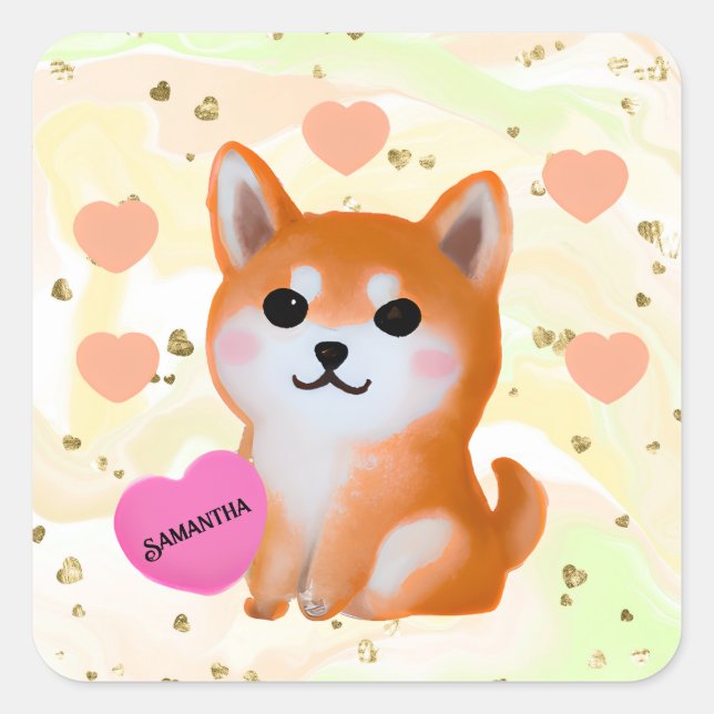 Niedlich Shiba Inu Hearts | Für Hunde Quadratischer Aufkleber (Vorderseite)