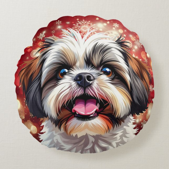 Niedlich Shih Tzu Christmas Rundes Kissen (Vorderseite)