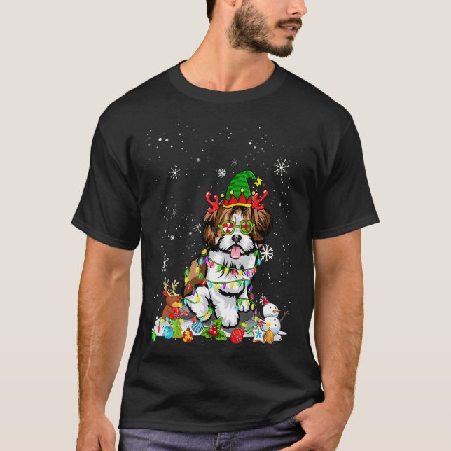 Niedlich Shih Tzu Dog Elf Hat Weihnachtslicht Weih T-Shirt (Vorderseite)
