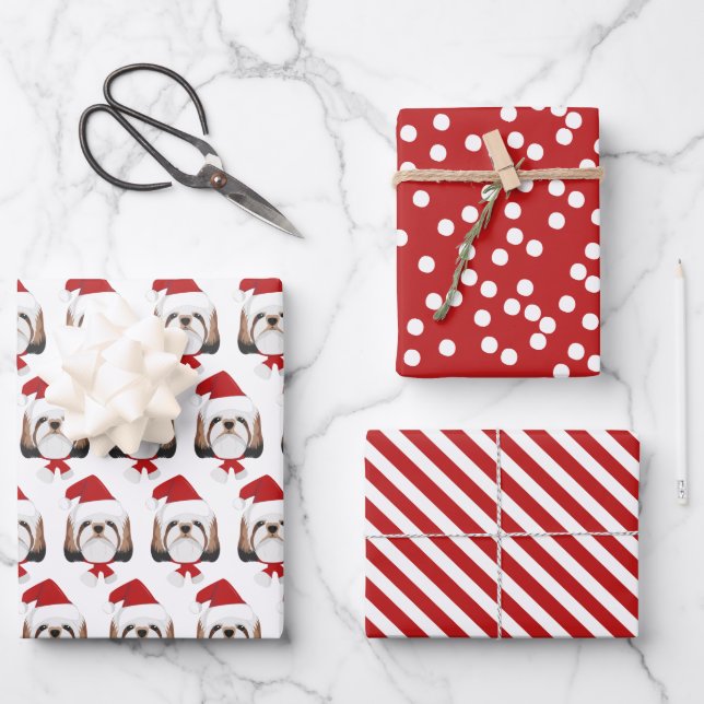 Niedlich Shih tzu Dog & Red Strip Weihnachten Geschenkpapier Set (Vorderseite)