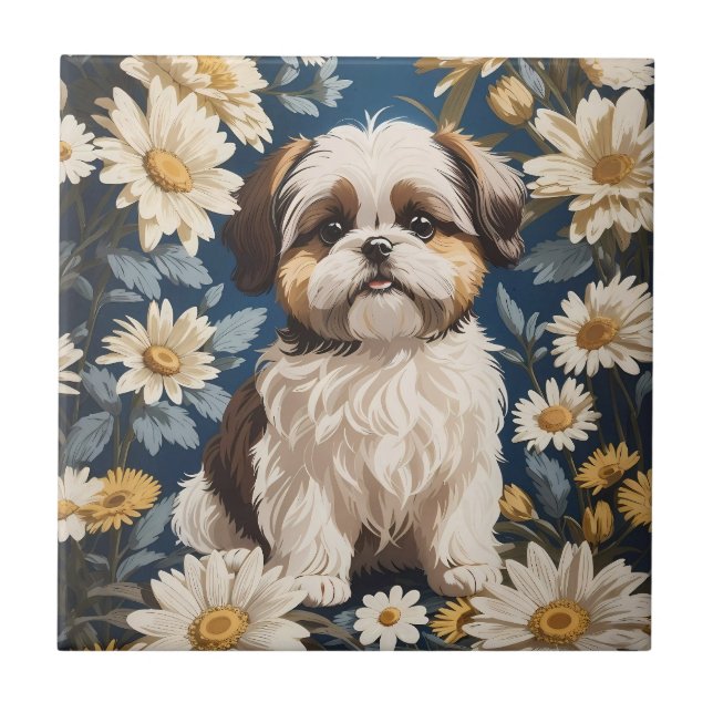 Niedlich Shih Tzu Dog White Daisy Blume Fliese (Vorderseite)