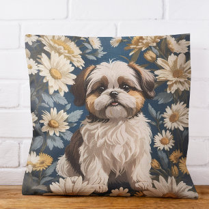 Niedlich Shih Tzu Dog White Daisy Blume Kissen