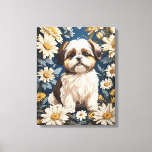 Niedlich Shih Tzu Dog White Daisy Blume Leinwanddruck