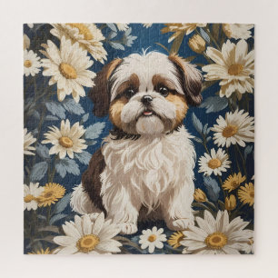 Niedlich Shih Tzu Dog White Daisy Blume Puzzle