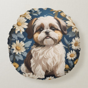 Niedlich Shih Tzu Dog White Daisy Blume Rundes Kissen