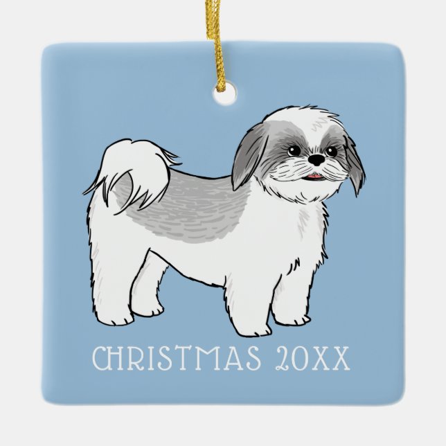Niedlich Shih Tzu Gray und White Cartoon Dog Custo Keramikornament (Vorderseite)