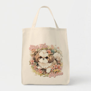 Niedlich Shih Tzu Mama Dog Lover Funny Retro Flora Tragetasche