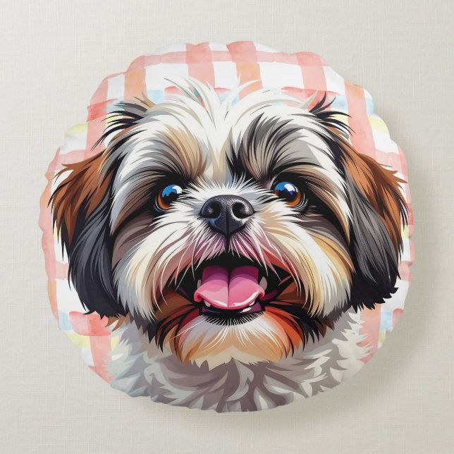 Niedlich Shih Tzu Pink Kariert Rundes Kissen (Vorderseite)