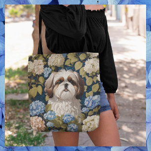 Niedlich Shih Tzu Puppy Blue Hydrangea Blume