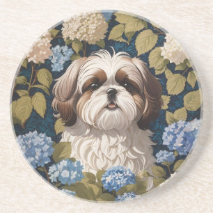 Niedlich Shih Tzu Puppy Blue Hydrangea Blume Getränkeuntersetzer