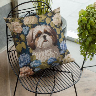Niedlich Shih Tzu Puppy Blue Hydrangea Blume Kissen