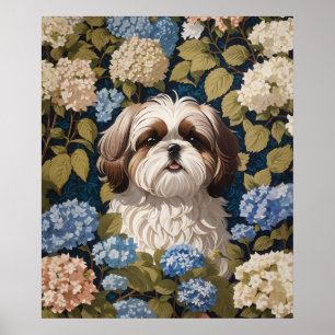 Niedlich Shih Tzu Puppy Blue Hydrangea Blume Poster