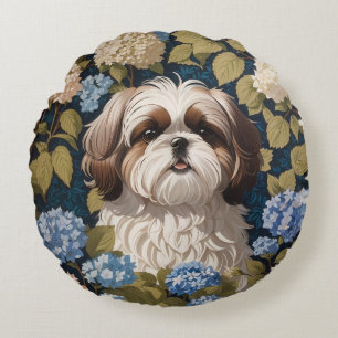 Niedlich Shih Tzu Puppy Blue Hydrangea Blume Rundes Kissen