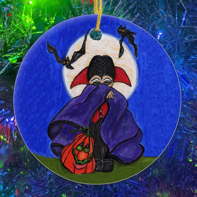 Niedlich Shy Little Vampire Bats Moon Keramikornament (Cute Dracula ornament.  Custom text on back)