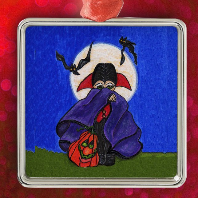Niedlich Shy Little Vampire Bats Moon Silbernes Ornament (Cute little vampire purple cape flying bats pumpkin full moon on Halloween hanging ornament.)