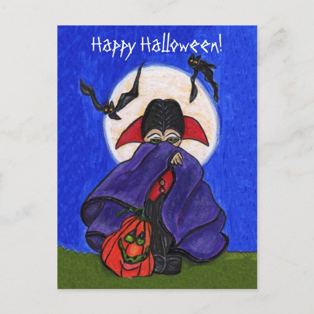 Niedlich Shy Vampire Lila Cape Lächeln Pumpkin Bat Postkarte (Vorderseite)