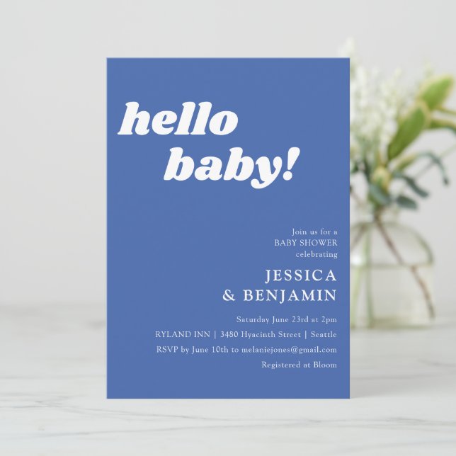 Niedlich Simple French Blue Hello Baby Dusche Einladung (Stehend Vorderseite)