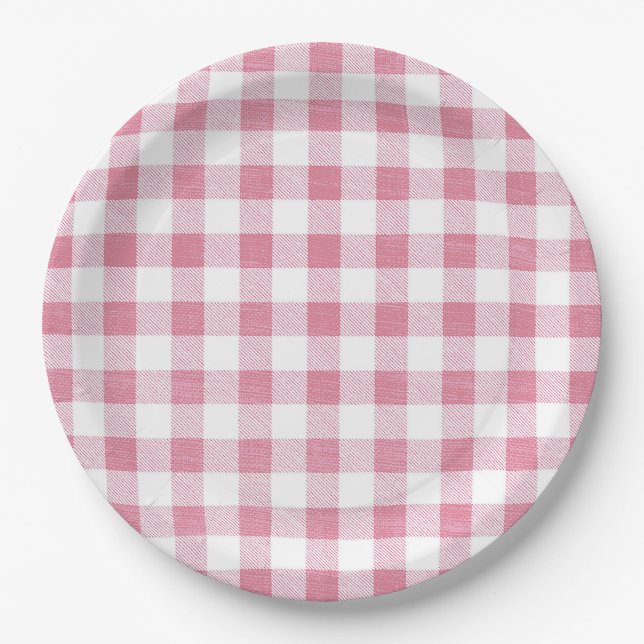 Niedlich Simple Girly Preppy Pink Gingham Kariert Pappteller (Vorderseite)