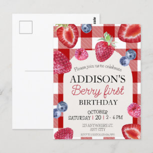 Niedlich Simple Red Blue Berry Sweet 1. Geburtstag Postkarte