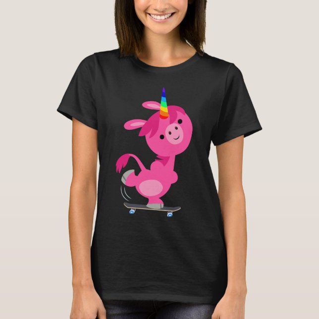 Niedlich Skateboarding Cartoon Unicorn Women T - S T-Shirt (Vorderseite)
