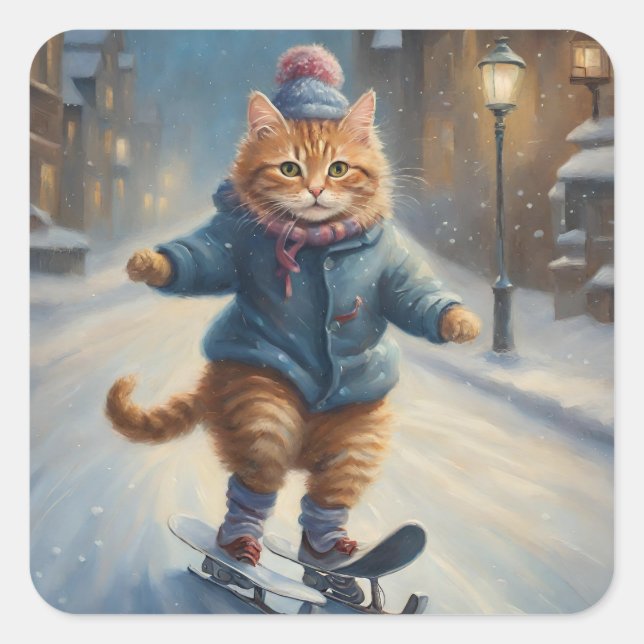 Niedlich Skaten Meowy Christmas Cat Lover Quadratischer Aufkleber (Vorderseite)