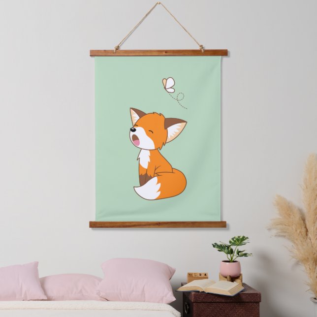 Niedlich Sleepy Little Fox Green Wandteppich Mit Holzrahmen (Schlafzimmer)
