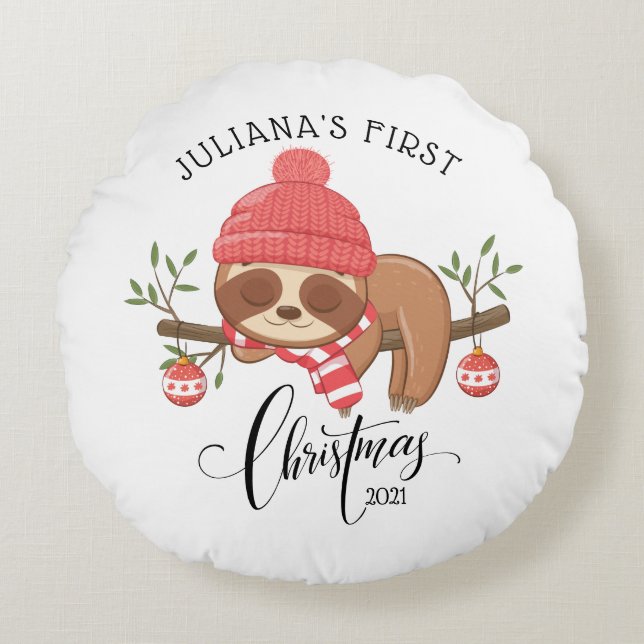 Niedlich Sleepy Sloth Baby's First Christmas Rundes Kissen (Vorderseite)