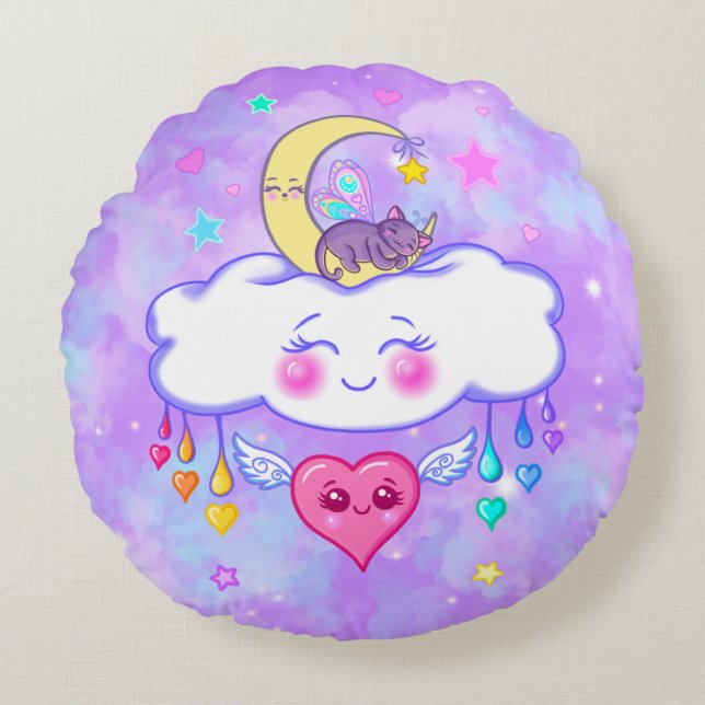 Niedlich Sleepy Time Kawaii Happy Heart Round Pill Rundes Kissen (Vorderseite)
