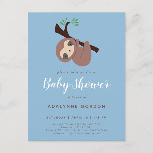 Niedlich Sloth Baby Shower Boy Blue Calligraphy In Einladungspostkarte (Vorderseite)