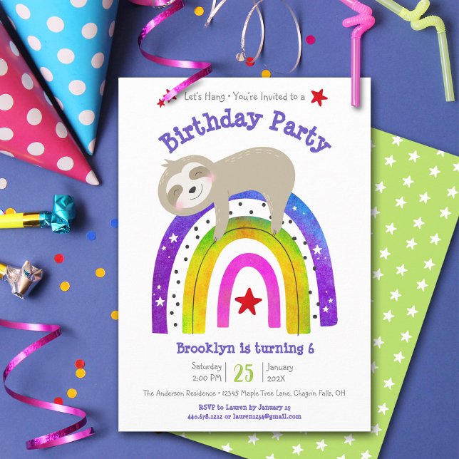Niedlich Sloth Boho Rainbow Simple Modern Birthday Einladung (Von Creator hochgeladen)