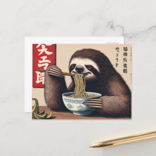 Niedlich Sloth Eating Ramen Japanischer Holzblock  Postkarte