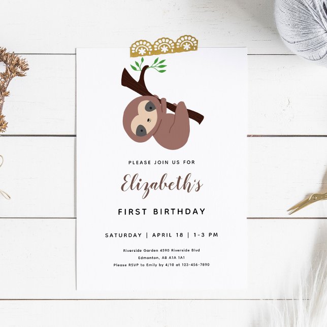 Niedlich Sloth First Birthday Adorable Animal Kawa Einladung (Von Creator hochgeladen)