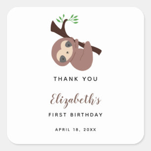 Niedlich Sloth First Birthday Adorable Animal Kawa Quadratischer Aufkleber