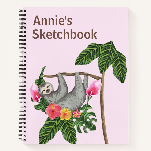 Niedlich Sloth Floral Personalisiert Kids Sketchbo Notizbuch (Vorderseite)