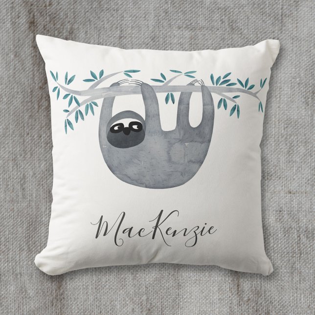 Niedlich Sloth Personalisiert Kissen (Cute watercolor sloth art personalize script name throw pillow)