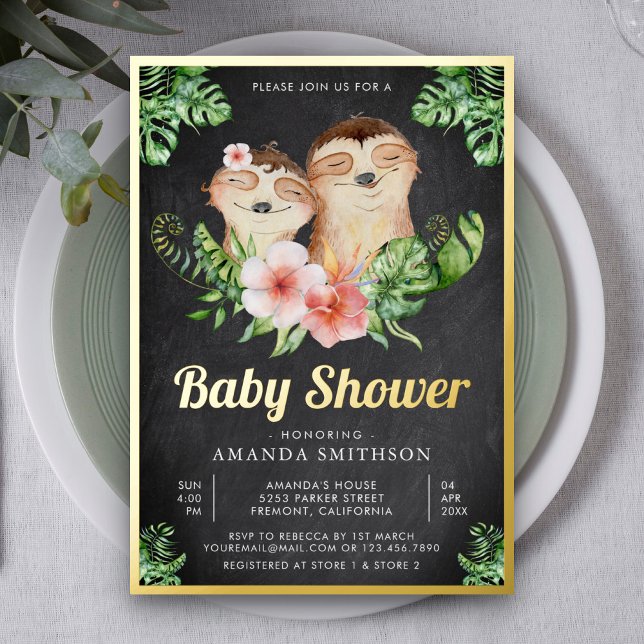 Niedlich Sloth Twins Chalkboard Baby Showroom Gold Folieneinladung (Von Creator hochgeladen)