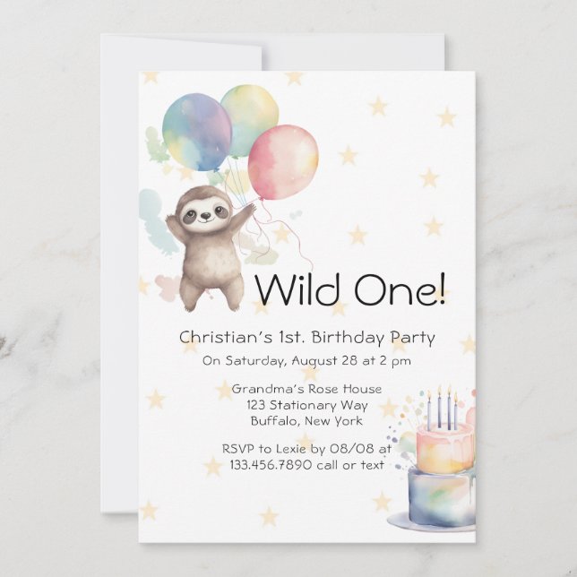 Niedlich Sloth Watercolor Balloons Wild One Birthd Einladung (Vorderseite)