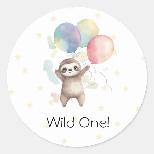 Niedlich Sloth Watercolor Balloons Wild One Birthd Runder Aufkleber (Vorderseite)