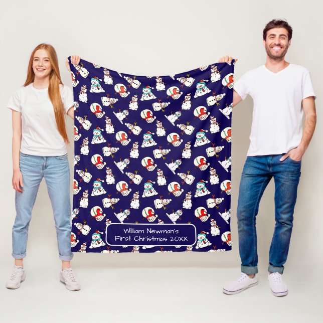 Niedlich Snowman Baby's First Christmas Name Navy  Fleecedecke (Beispiel)