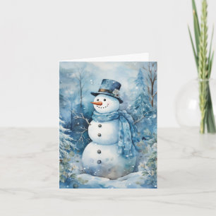 Niedlich Snowman Blue Hat & Scarf Blume Bäume Leer Karte