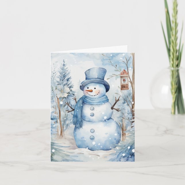 Niedlich Snowman Blue Hat Scarf Trees Birdhouse Bl Karte (Vorderseite)
