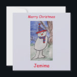 Niedlich Snowman Flat Christmas Card Karte<br><div class="desc">Der niedliche Schneemann ist so aufgeregt, dass er am Heiligen Abend seine Arme in der Luft schwebt. Er hat sich für die Feierlichkeiten in einem neuen rot-blau gestreiften Wollhut und passendem Schal gekleidet und für seine Nase eine leuchtend orangefarbene Möhre ausgegraben. Das ist ein farbenfroher, festlicher niedlicher Weihnachtsschneemann, eine originale...</div>