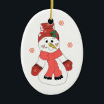 Niedlich Snowman Keramikornament<br><div class="desc">Ein niedlicher Schneemann mit einem roten Hutschal und Fäustern, einem großen Grinsen und kleinen Herzschlangen.</div>